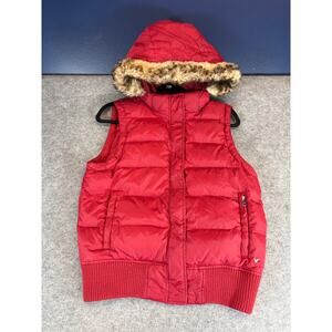 American Eagle Puffer Vest Womens Medium Red Detachable Faux Fur Hood Outerwear